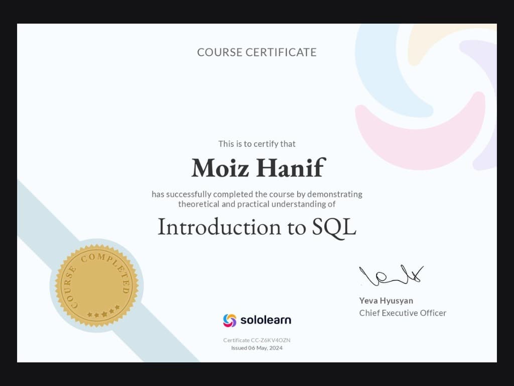 Introduction to SQL Certificate